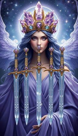 The Goddess of Swords exudes an aura of divine grace and wisdom, enveloped in a realm of mysticism