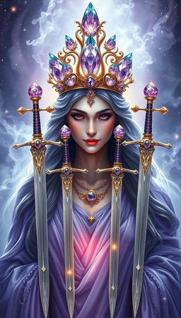 The Goddess of Swords exudes an aura of divine grace and wisdom, enveloped in a realm of mysticism