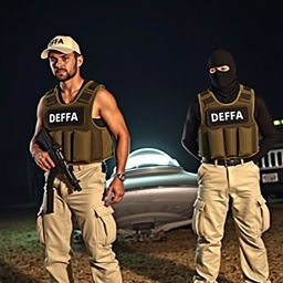 Two men wearing bulletproof vests labeled DFA, dressed in cream-colored pants with pockets, each with a firearm at the waist