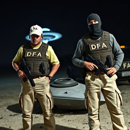 Two men wearing bulletproof vests labeled DFA, dressed in cream-colored pants with pockets, each with a firearm at the waist