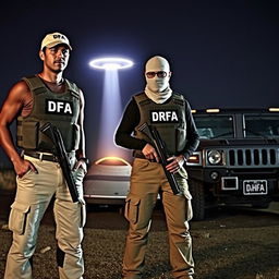 Two men wearing bulletproof vests labeled DFA, dressed in cream-colored pants with pockets, each with a firearm at the waist