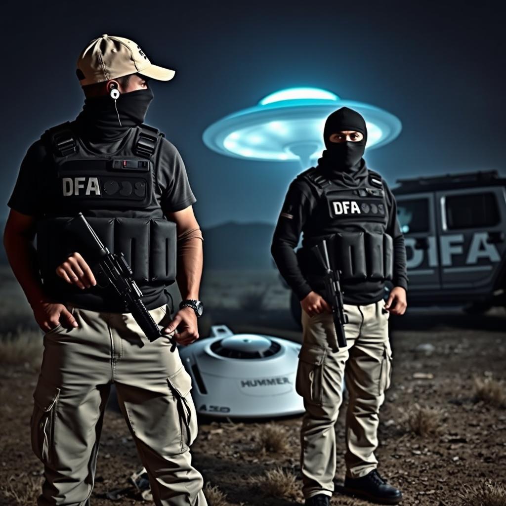 Two men wearing bulletproof vests labeled DFA, dressed in cream-colored pants with pockets, each with a firearm at the waist