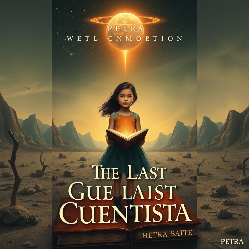 A book cover concept for 'The Last Cuentista' featuring a young Latina girl named Petra