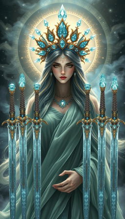 The Goddess of Swords exudes an aura of divine grace and wisdom, enveloped in a realm of mysticism