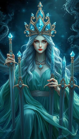 The Goddess of Swords exudes an aura of divine grace and wisdom, enveloped in a realm of mysticism