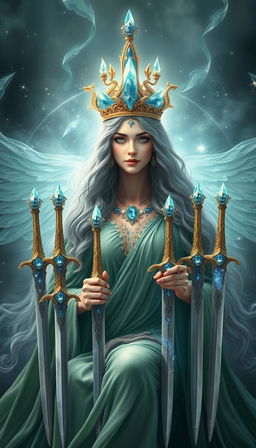 The Goddess of Swords exudes an aura of divine grace and wisdom, enveloped in a realm of mysticism