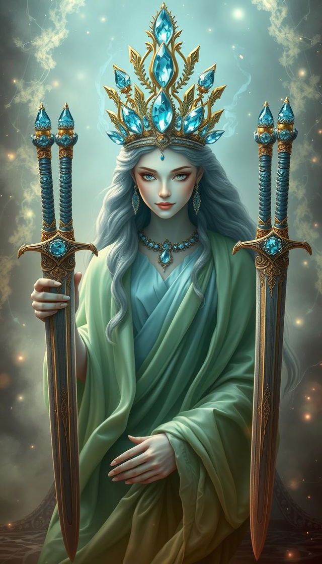 The Goddess of Swords exudes an aura of divine grace and wisdom, enveloped in a realm of mysticism