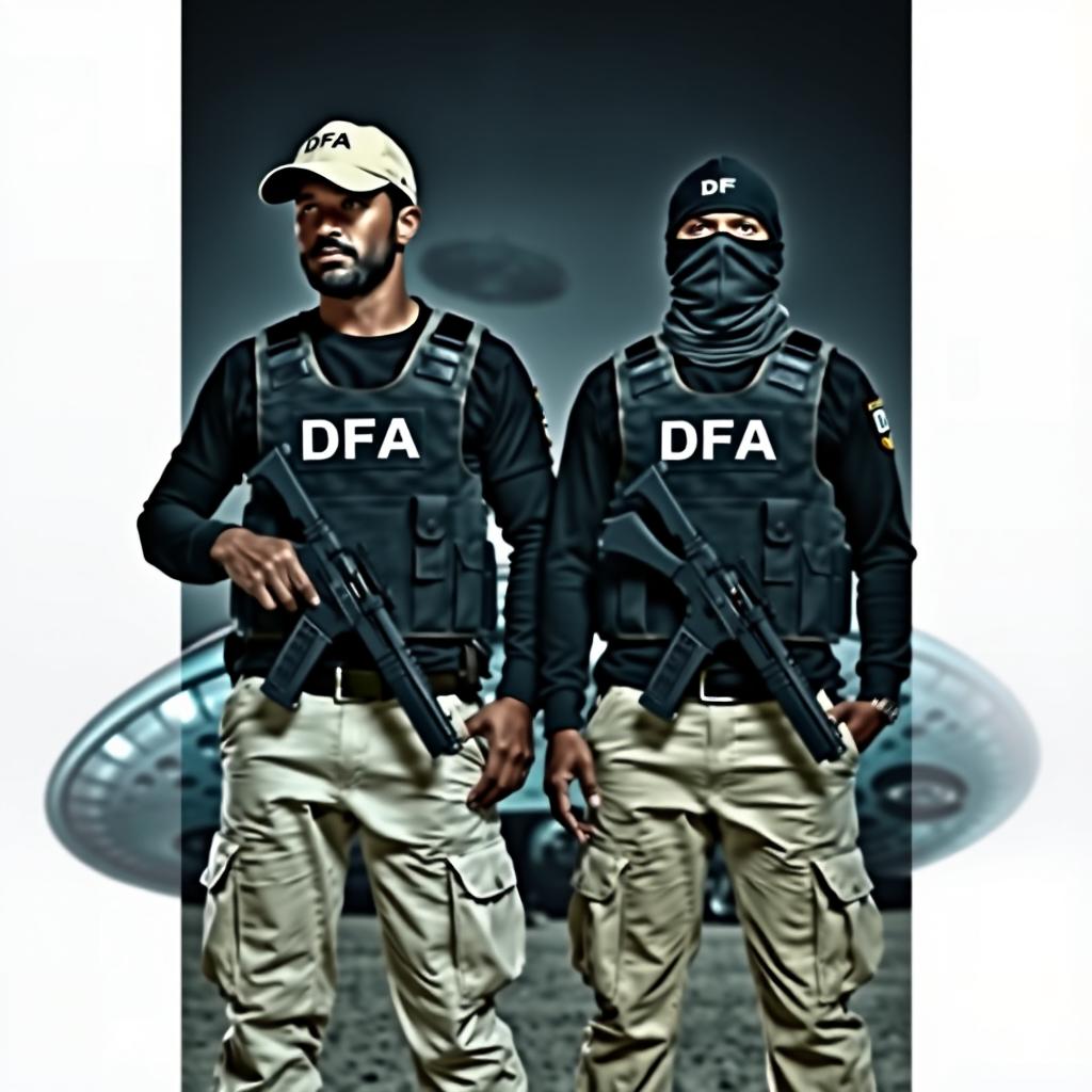 Two men wearing bulletproof vests labeled DFA over black shirts, dressed in cream-colored pants with pockets, each with a firearm at the waist