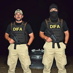 Two men wearing bulletproof vests labeled DFA over black shirts, dressed in cream-colored pants with pockets, each with a firearm at the waist