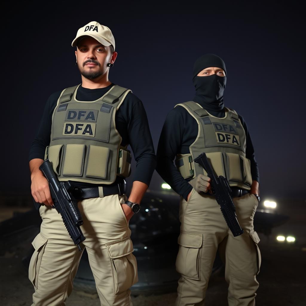 Two men wearing bulletproof vests labeled DFA over black shirts, dressed in cream-colored pants with pockets, each with a firearm at the waist