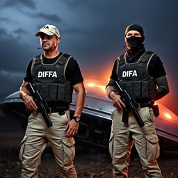 Two men wearing bulletproof vests labeled DFA over black shirts, dressed in cream-colored pants with pockets, each with a firearm at the waist