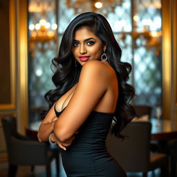 A sexy, fair-skinned Indian woman with a beautifully curvaceous figure, highlighted by a form-fitting, seductive dress