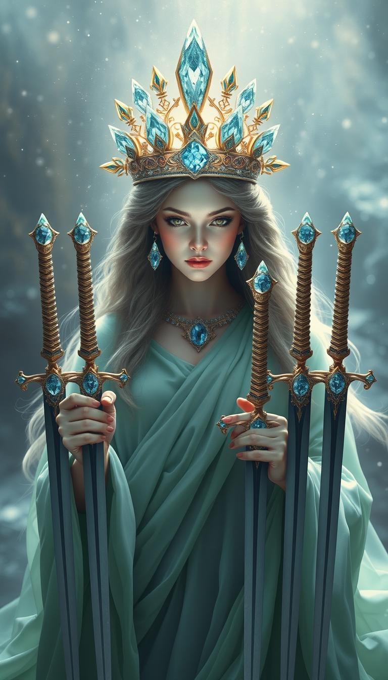 The Goddess of Swords exudes an aura of divine grace and wisdom, enveloped in a realm of mysticism