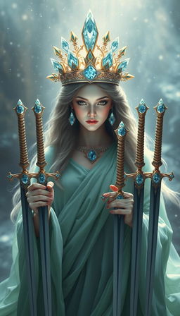 The Goddess of Swords exudes an aura of divine grace and wisdom, enveloped in a realm of mysticism