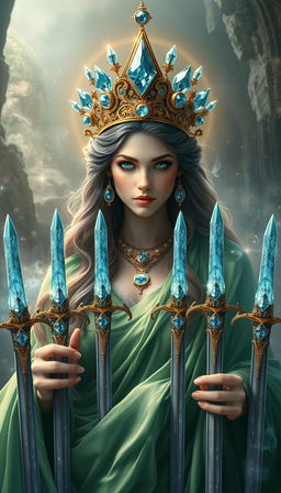 The Goddess of Swords exudes an aura of divine grace and wisdom, enveloped in a realm of mysticism