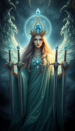 The Goddess of Swords exudes an aura of divine grace and wisdom, enveloped in a realm of mysticism