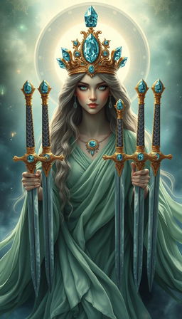 The Goddess of Swords exudes an aura of divine grace and wisdom, enveloped in a realm of mysticism