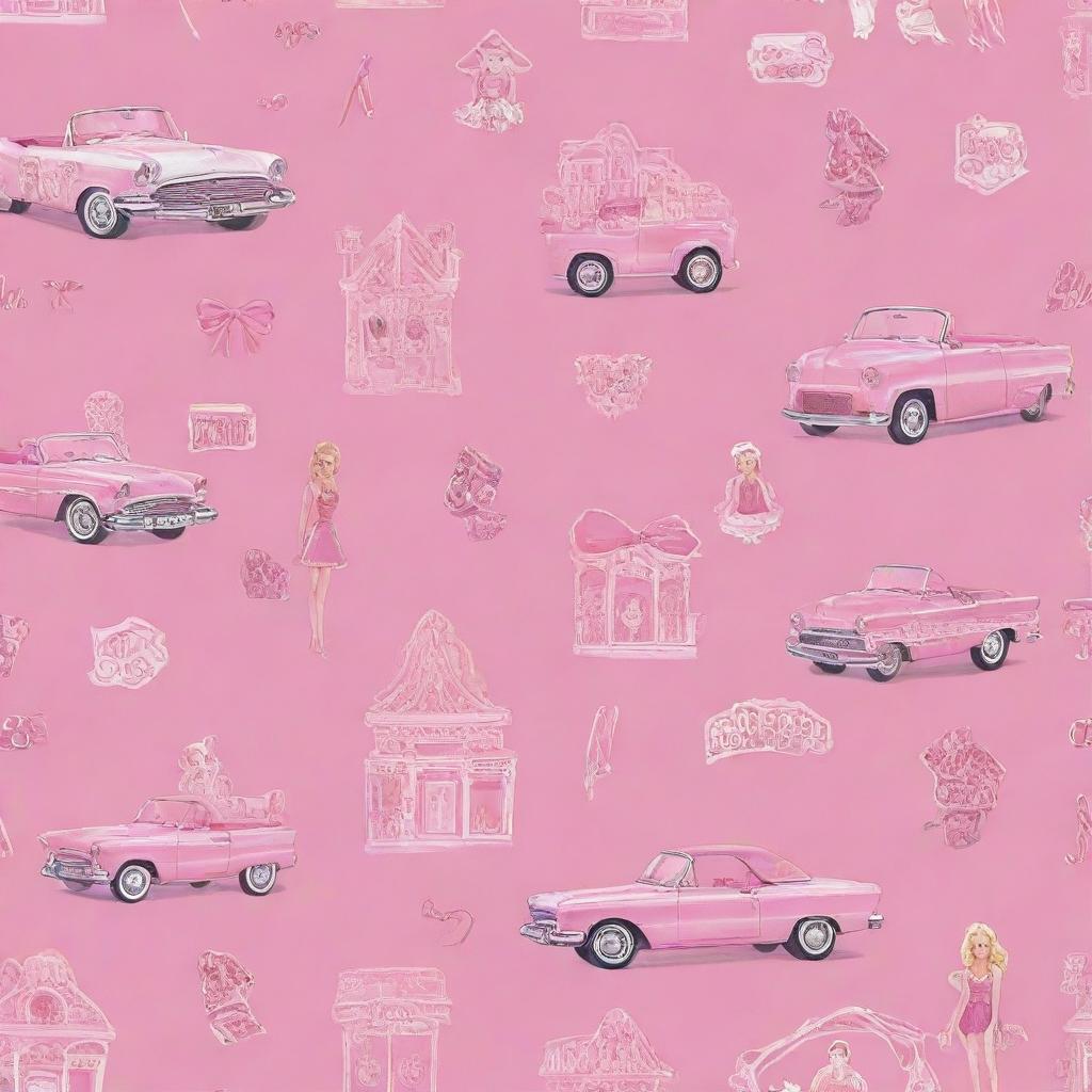 A fabulous pattern displaying iconic Barbie motifs like the Barbie logo, her dream house, stylish clothes, accessories and pink convertible