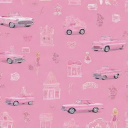 A fabulous pattern displaying iconic Barbie motifs like the Barbie logo, her dream house, stylish clothes, accessories and pink convertible