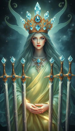 The Goddess of Swords exudes an aura of divine grace and wisdom, enveloped in a realm of mysticism