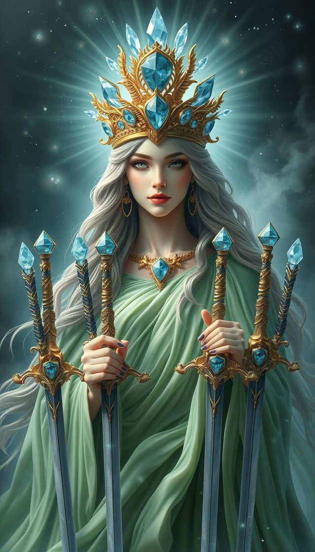 The Goddess of Swords exudes an aura of divine grace and wisdom, enveloped in a realm of mysticism