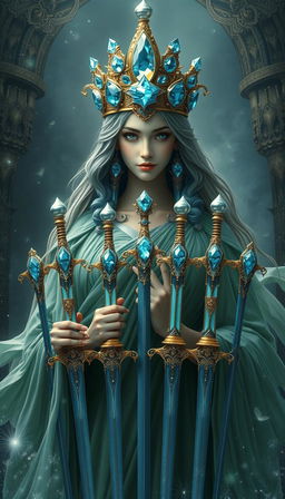 The Goddess of Swords exudes an aura of divine grace and wisdom, enveloped in a realm of mysticism