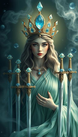 The Goddess of Swords exudes an aura of divine grace and wisdom, enveloped in a realm of mysticism