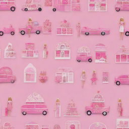 A fabulous pattern displaying iconic Barbie motifs like the Barbie logo, her dream house, stylish clothes, accessories and pink convertible