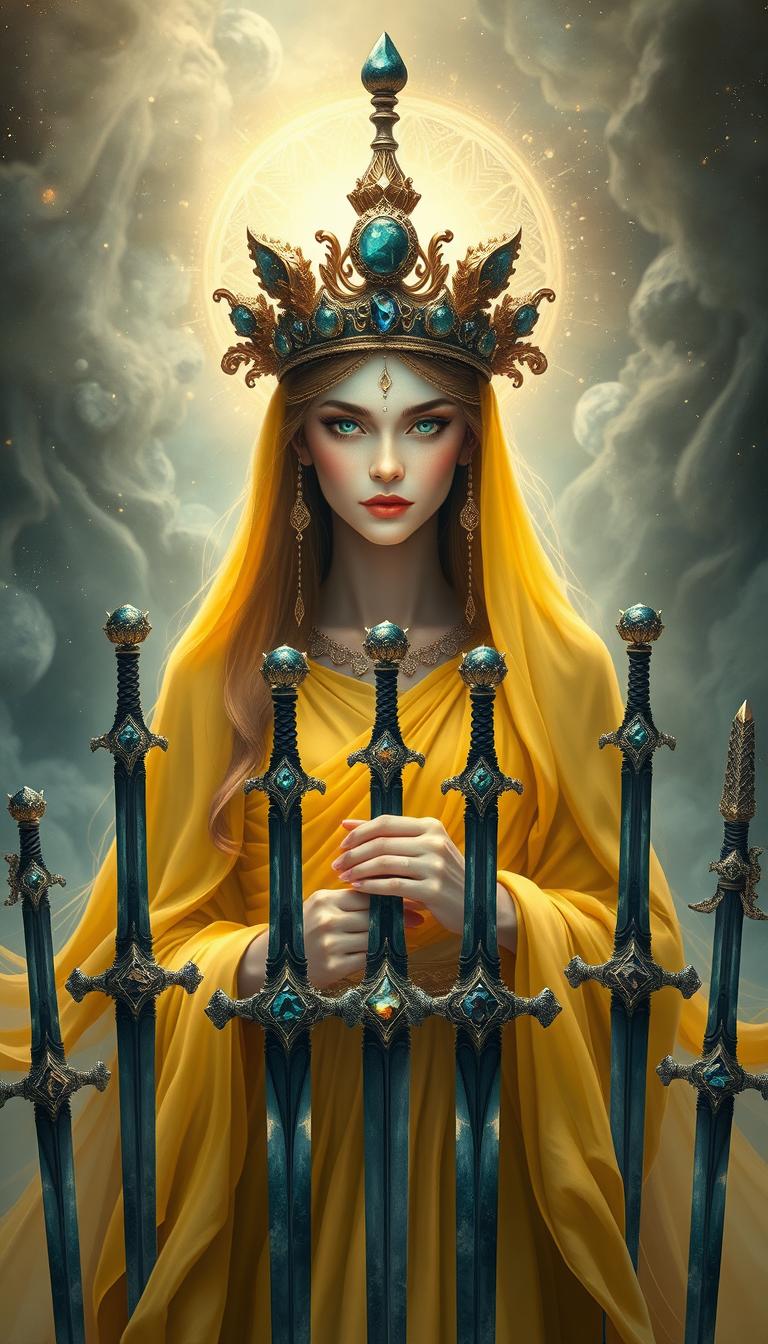 The Goddess of Swords exudes an aura of divine grace and wisdom, enveloped in a realm of mysticism