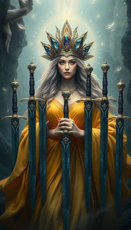 The Goddess of Swords exudes an aura of divine grace and wisdom, enveloped in a realm of mysticism