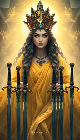 The Goddess of Swords exudes an aura of divine grace and wisdom, enveloped in a realm of mysticism