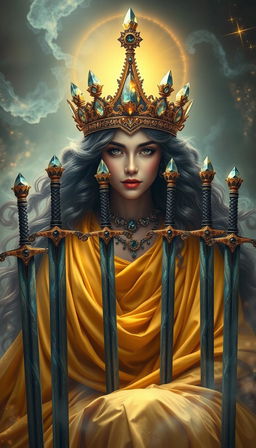 The Goddess of Swords exudes an aura of divine grace and wisdom, enveloped in a realm of mysticism