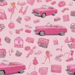 A fabulous pattern displaying iconic Barbie motifs like the Barbie logo, her dream house, stylish clothes, accessories and pink convertible