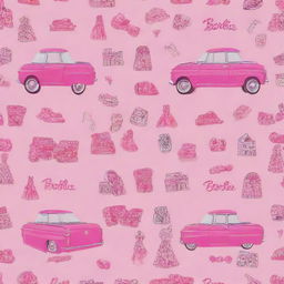 A fabulous pattern displaying iconic Barbie motifs like the Barbie logo, her dream house, stylish clothes, accessories and pink convertible