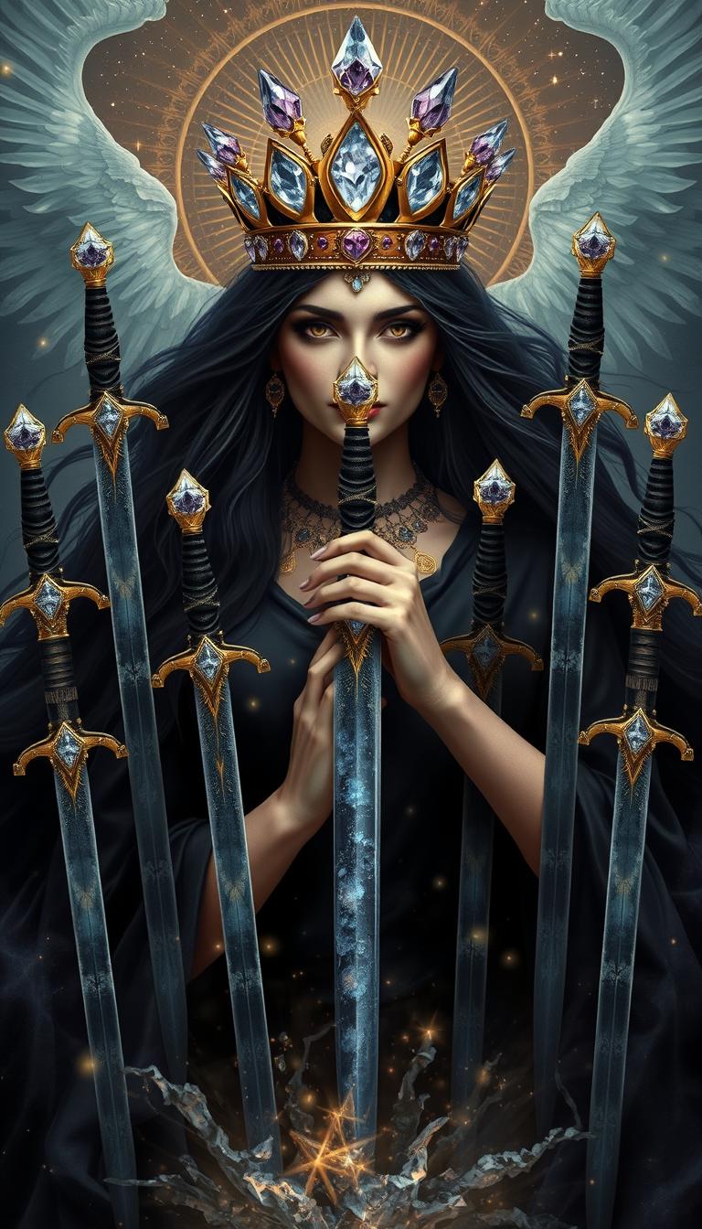 The Goddess of Swords emanates a powerful and enigmatic presence, wrapped in an aura of mysticism