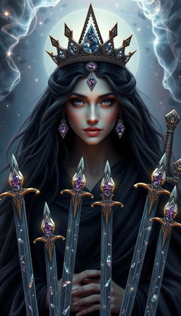 The Goddess of Swords emanates a powerful and enigmatic presence, wrapped in an aura of mysticism