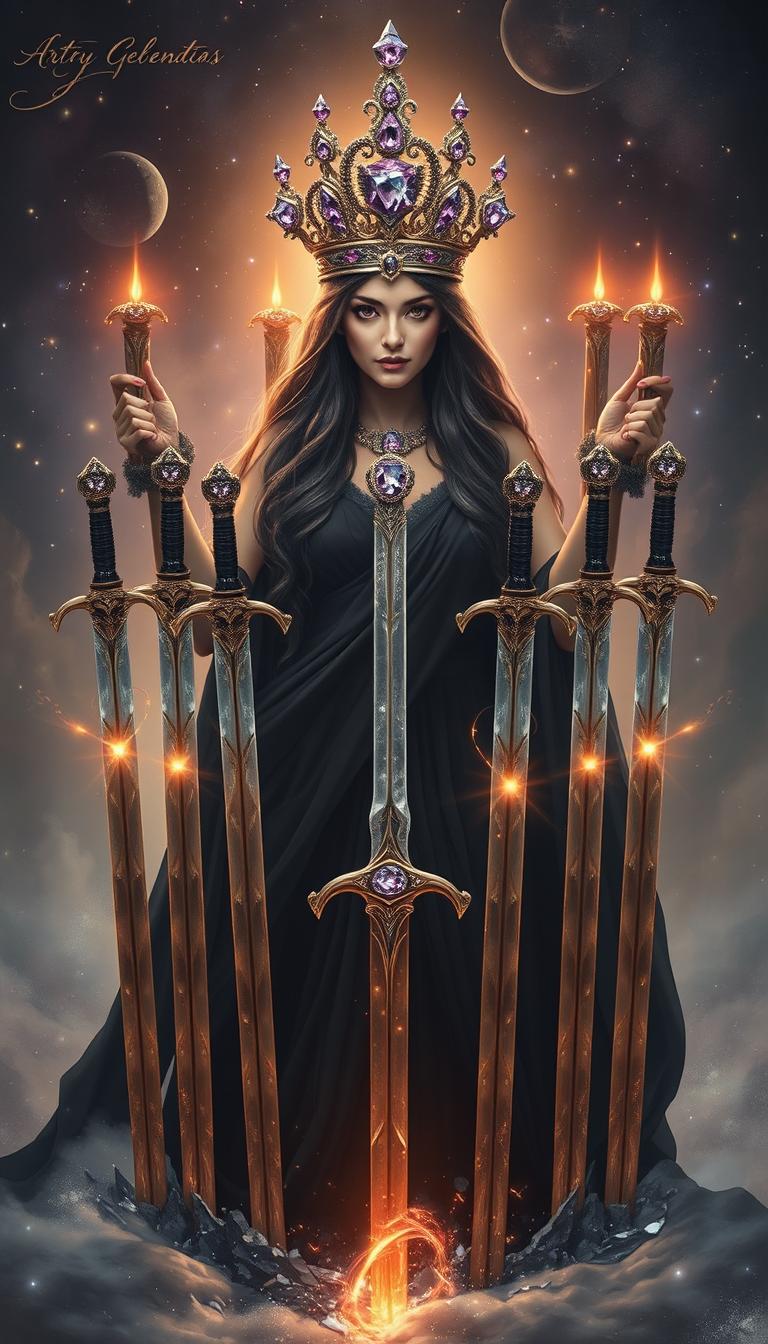 The Goddess of Swords emanates a powerful and enigmatic presence, wrapped in an aura of mysticism