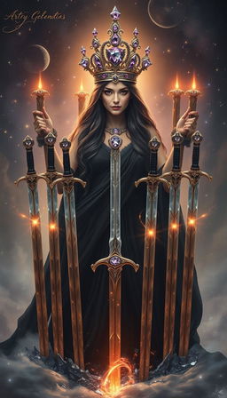 The Goddess of Swords emanates a powerful and enigmatic presence, wrapped in an aura of mysticism