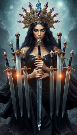 The Goddess of Swords emanates a powerful and enigmatic presence, wrapped in an aura of mysticism