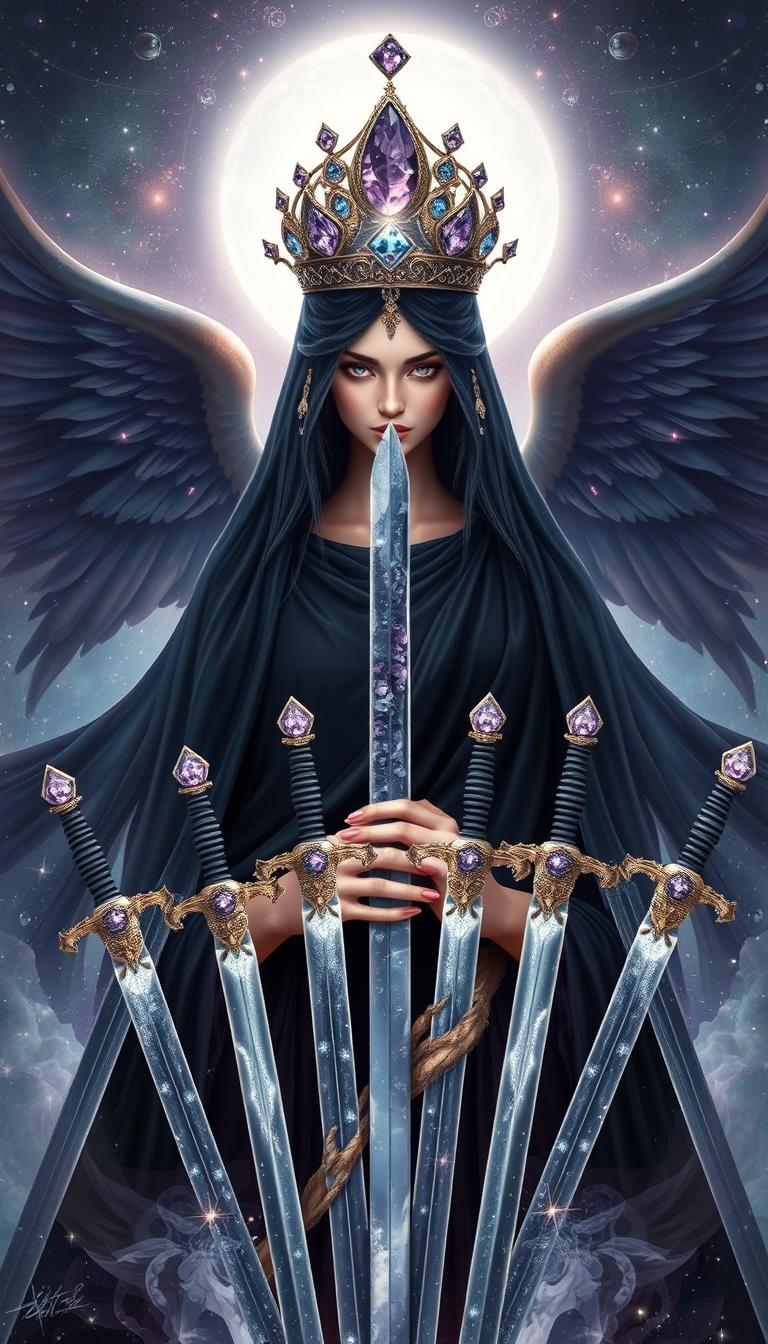 The Goddess of Swords emanates a powerful and enigmatic presence, wrapped in an aura of mysticism