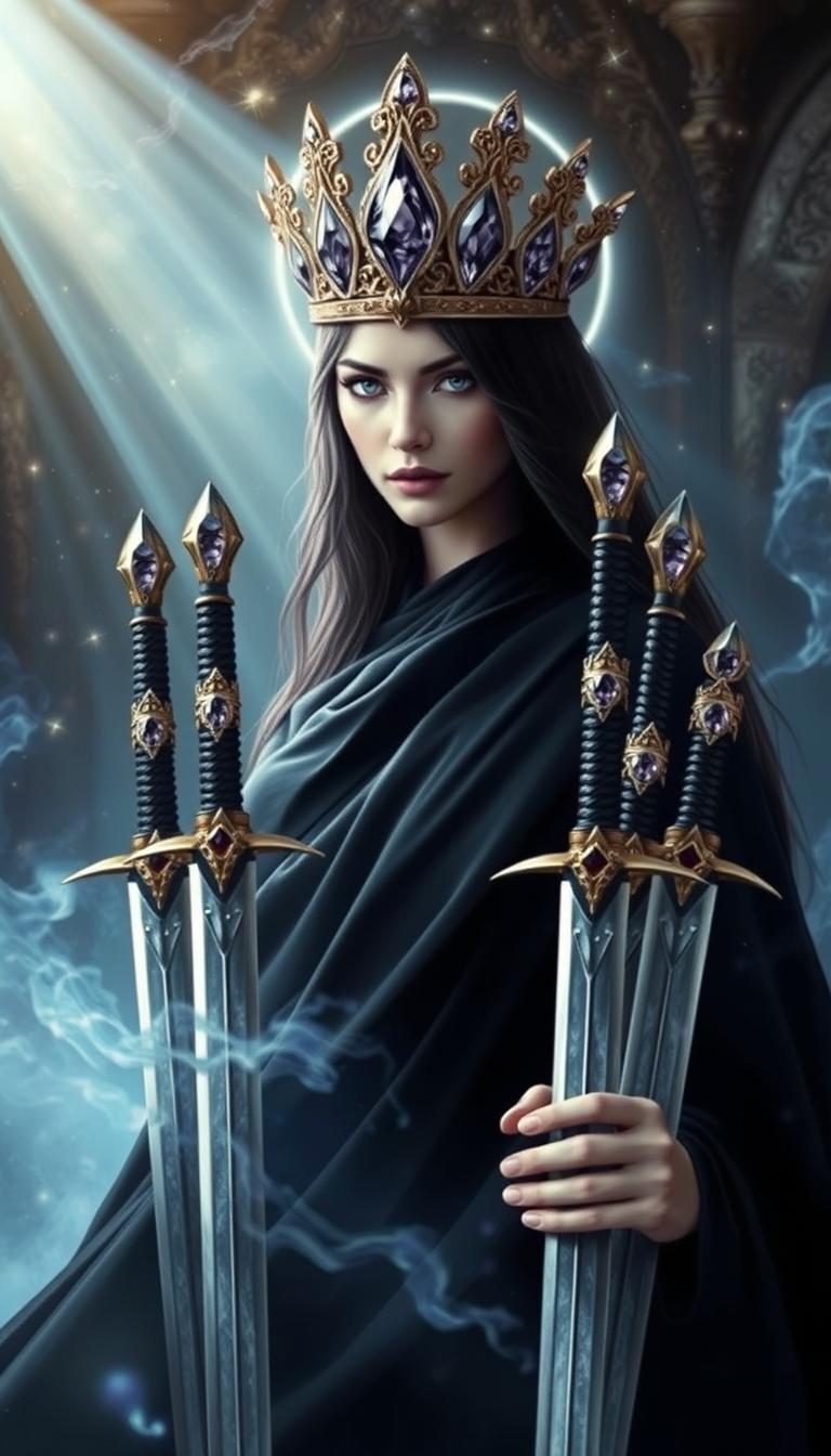 The Goddess of Swords emanates a powerful and enigmatic presence, wrapped in an aura of mysticism