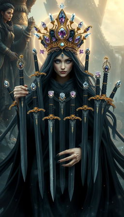 The Goddess of Swords emanates a powerful and enigmatic presence, wrapped in an aura of mysticism