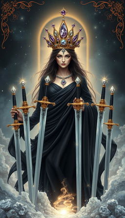 The Goddess of Swords emanates a powerful and enigmatic presence, wrapped in an aura of mysticism