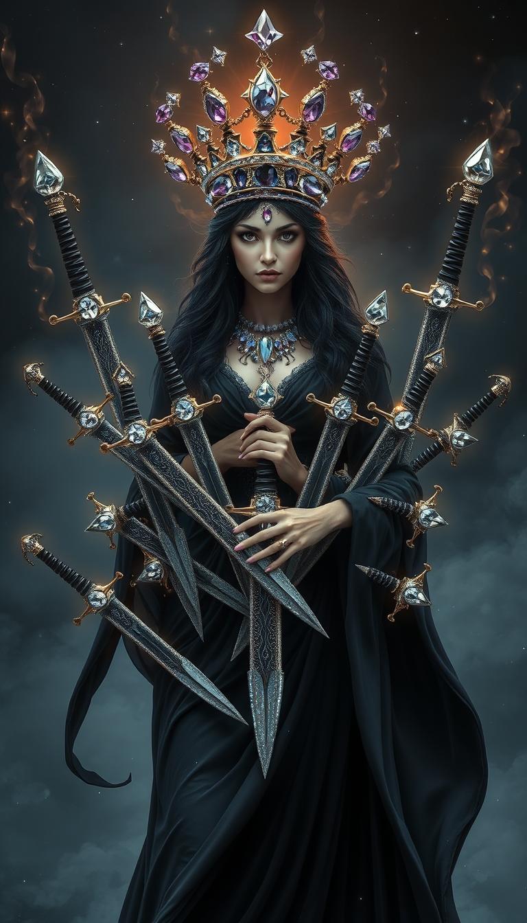 The Goddess of Swords stands as a beacon of mystery and power, enveloped in an atmosphere of mysticism