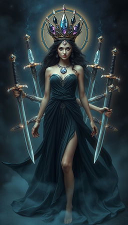 The Goddess of Swords stands as a beacon of mystery and power, enveloped in an atmosphere of mysticism