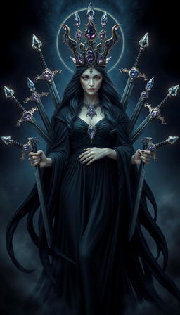 The Goddess of Swords stands as a beacon of mystery and power, enveloped in an atmosphere of mysticism