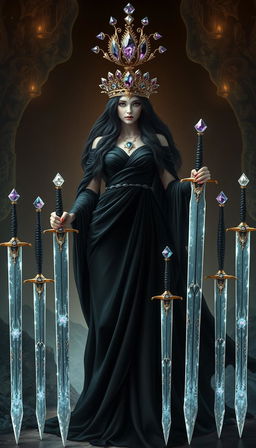 The Goddess of Swords stands with an imposing mystical aura, her black flowing dress draping around her like a shadowy cascade, embodying elegance and power