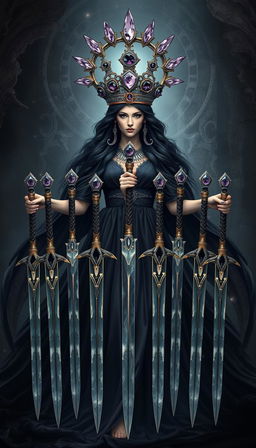 The Goddess of Swords stands with an imposing mystical aura, her black flowing dress draping around her like a shadowy cascade, embodying elegance and power