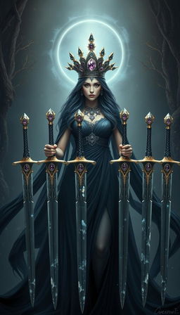 The Goddess of Swords stands with an imposing mystical aura, her black flowing dress draping around her like a shadowy cascade, embodying elegance and power