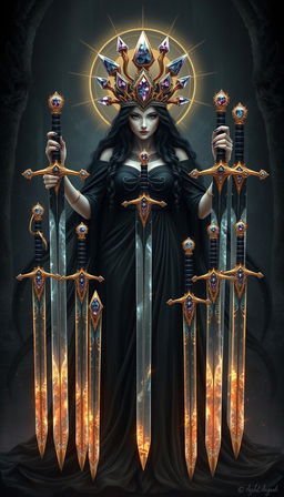 The Goddess of Swords stands with an imposing mystical aura, her black flowing dress draping around her like a shadowy cascade, embodying elegance and power